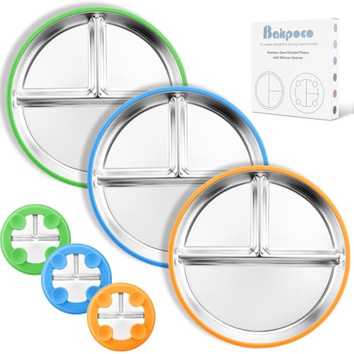 Bakpoco Stainless Steel Suction Plates for Toddlers, 9" Divided Kids Baby Plates with Removable Silicone Suction, Non Toxic Non Slip Portion Control Snack Dishes 3 Packs, Bright Orange/Blue/Green | Amazon (US)