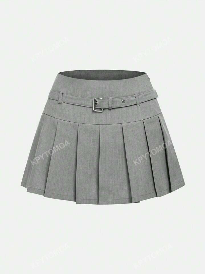 Femmes Jupe-culotte plissée à design boutonné de couleur unie, style universitaire | SHEIN