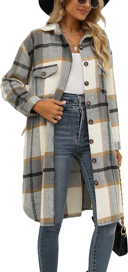 SeekMe Women's Long Plaid Shirt Jacket Shacket Lapel Button Down Woolen Blend Casual Tartan Over ... | Amazon (US)