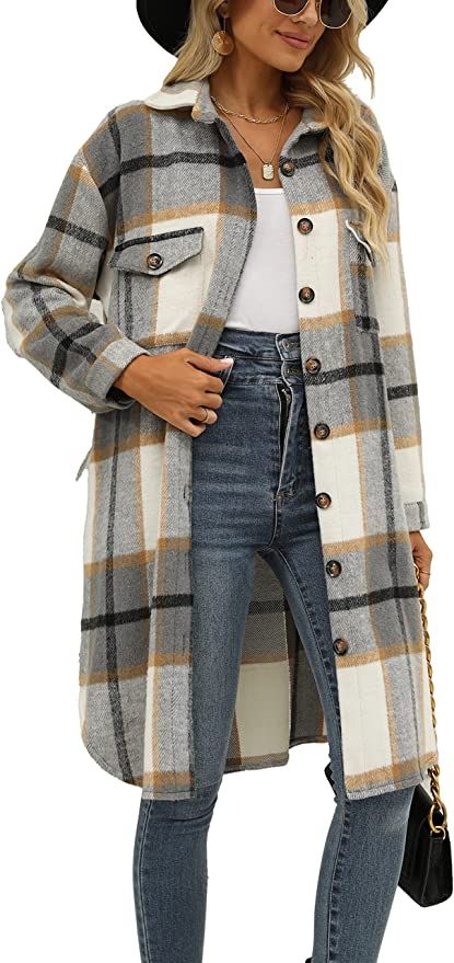 SeekMe Women's Long Plaid Shirt Jacket Shacket Lapel Button Down Woolen Blend Casual Tartan Over ... | Amazon (US)