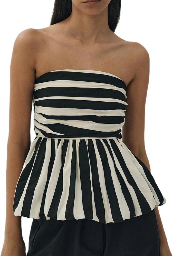 Women Y2k Peplum Tube Top Strapless Bubble Ruffle Hem Bandeau Shirts Sexy Off Shoulder Puffy Plea... | Amazon (US)