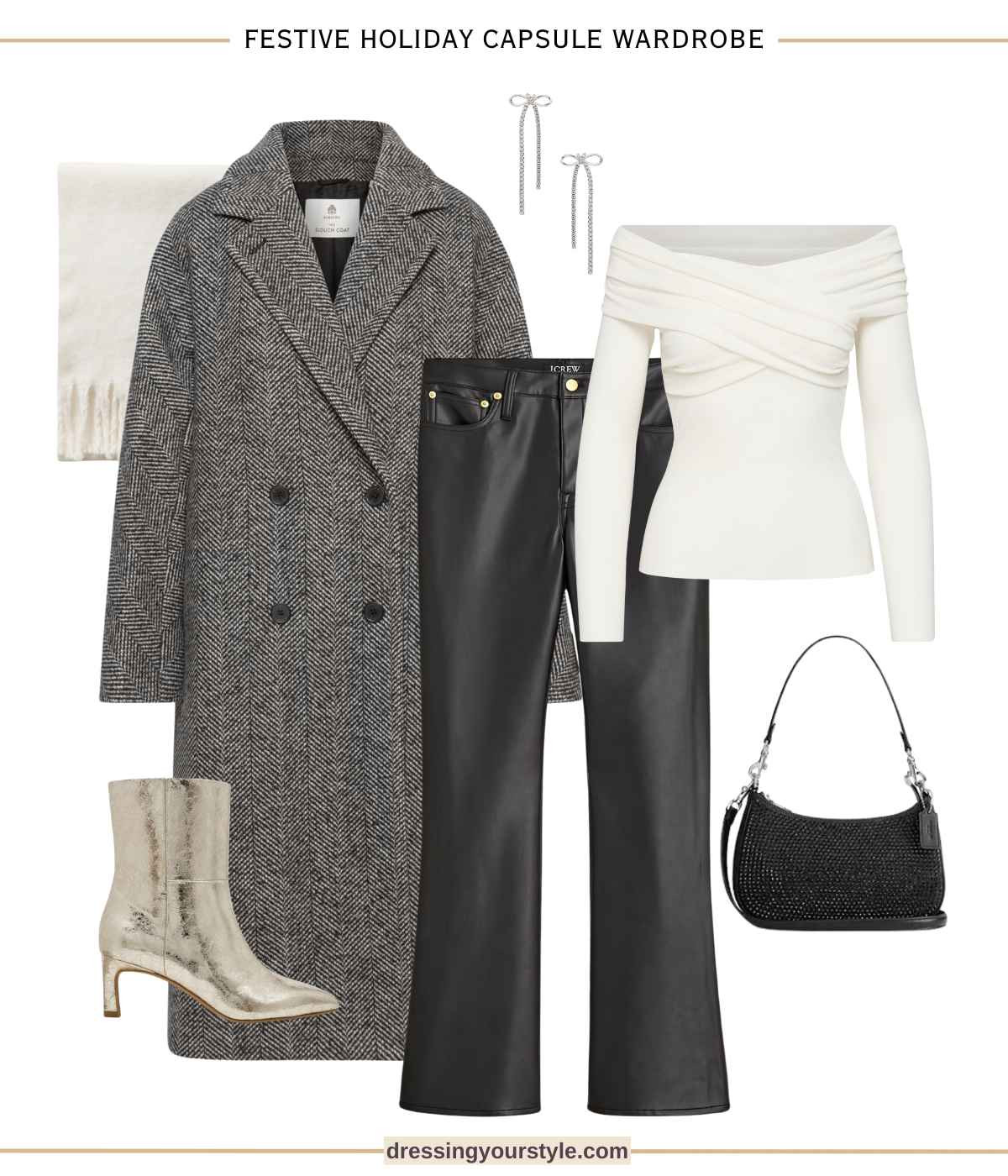 Sleek festive holiday outfit for the office or everyday with faux leather pants, white off the shoulder top, metallic ankle boots and wool coat  

#LTKHoliday #LTKSeasonal #LTKParties