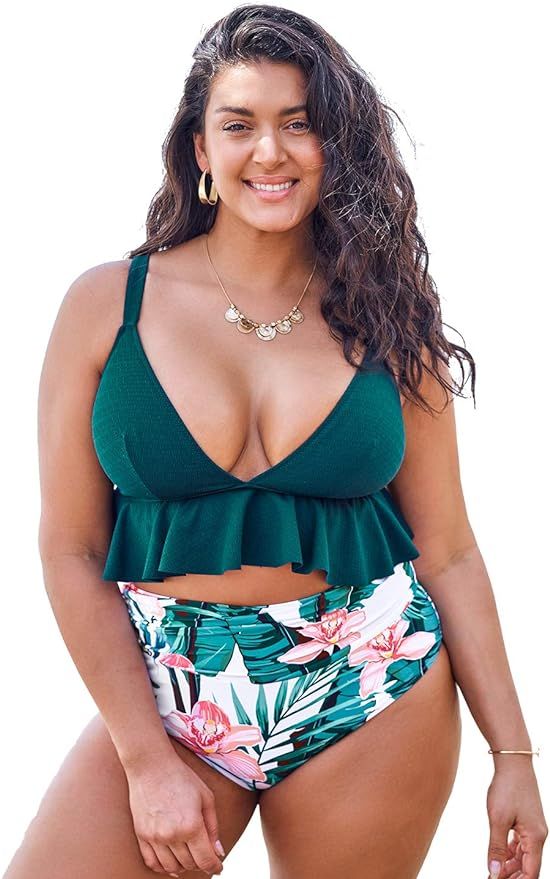 CUPSHE Women's High Waisted Green and Floral Ruffled Plus Size Bikini | Amazon (US)