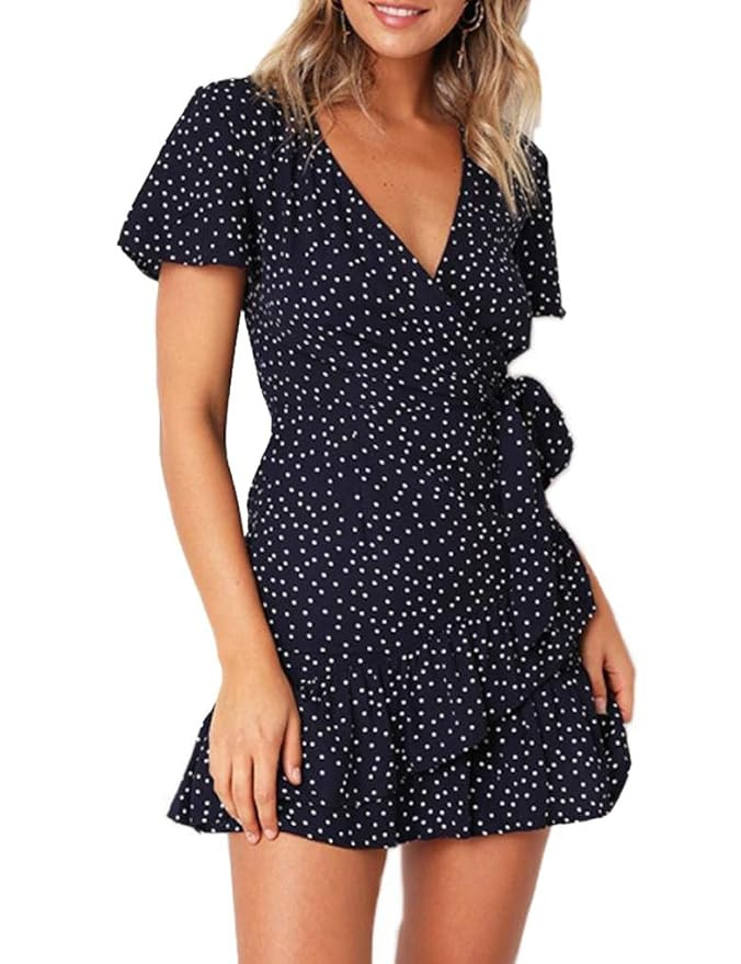 Naggoo Women's Summer Wrap V Neck Polka Dot Print Ruffle Short Sleeve Mini Floral Dress with Belt | Amazon (US)