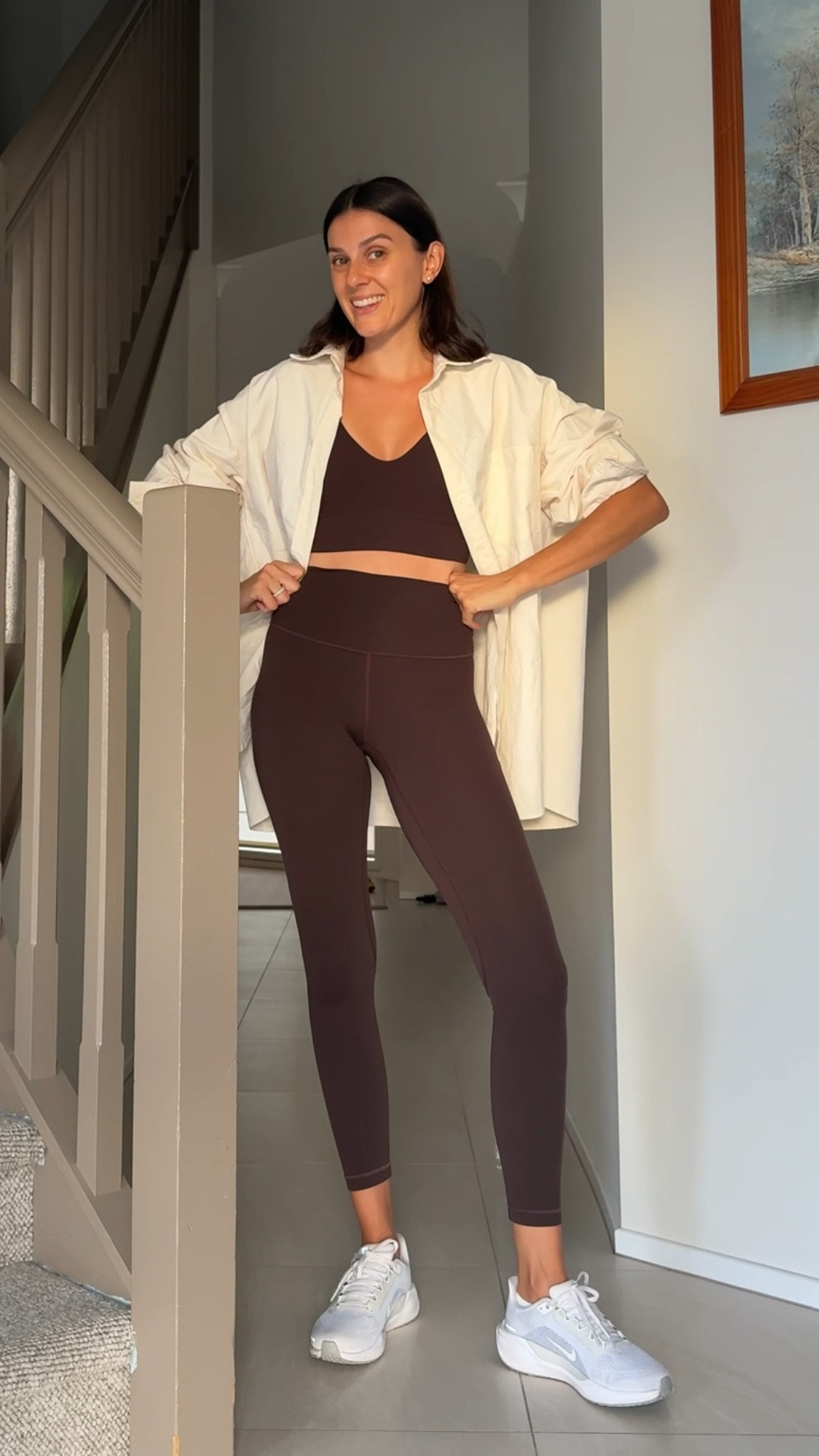 Today’s Pilates outfit 🤎 set is lululemon and oversized shirt Dissh. 