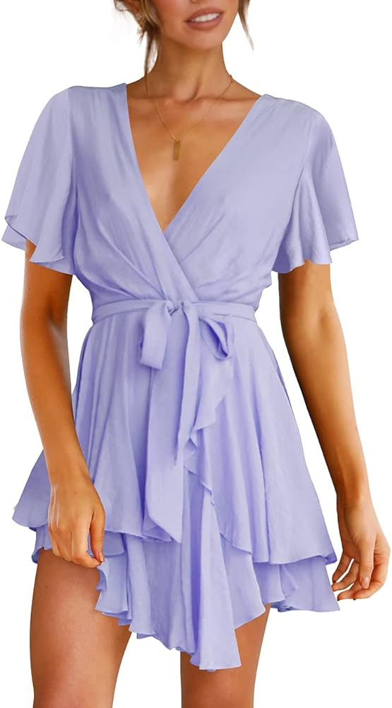 Cosonsen Women's Dress Deep V-Neck Long Sleeve Waist Tie Ruffle Mini Swing Skater Dresses | Amazon (US)