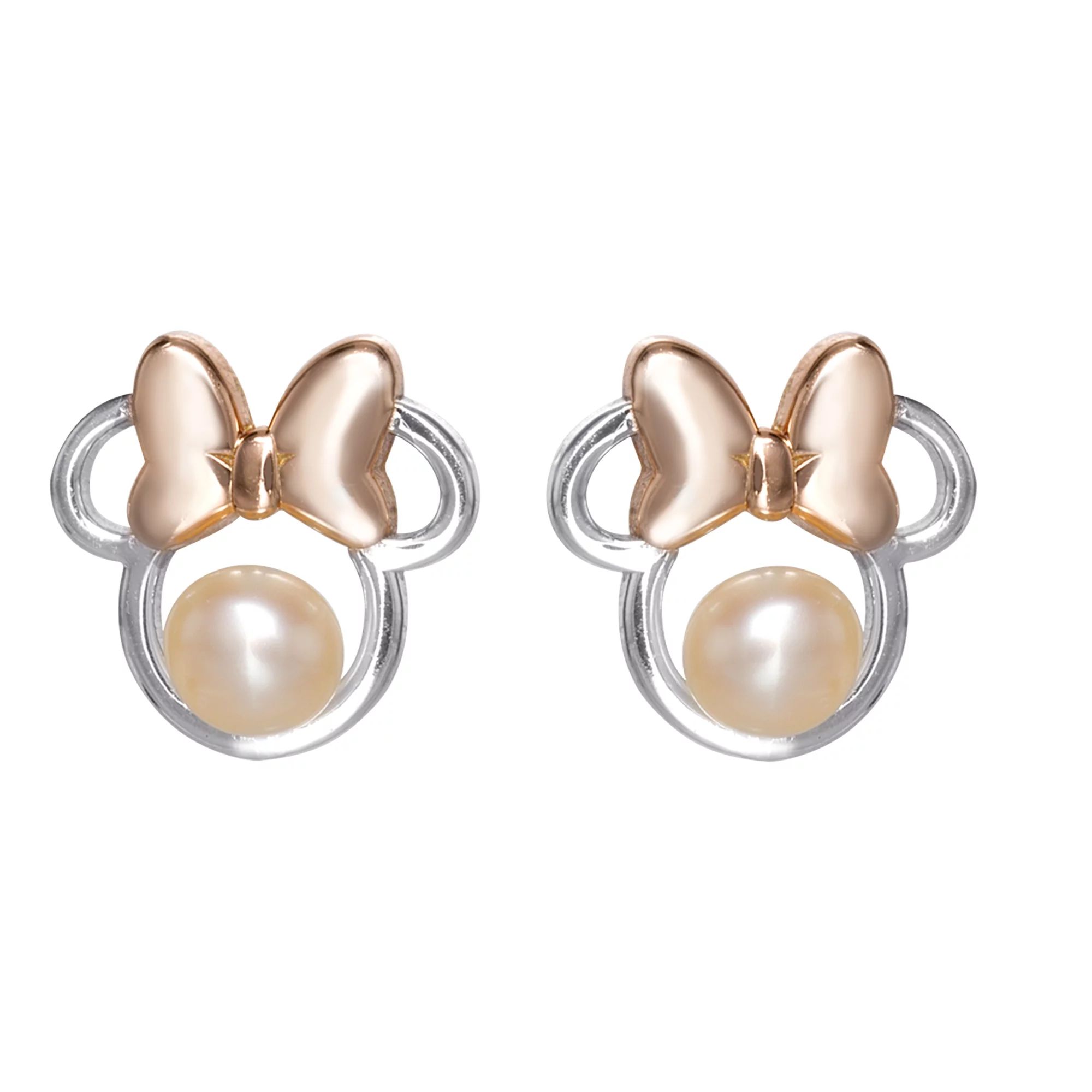 Disney Minnie Mouse Women's Pearl Two Tone Sterling Silver Minnie Stud Earrings | Walmart (US)