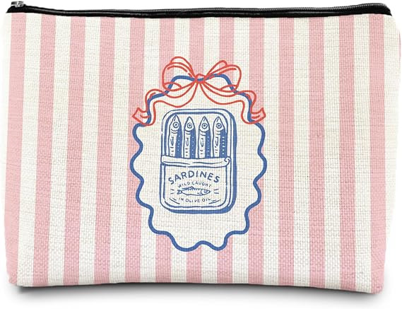 Preppy Beach Sardine Fish Makeup Bag, Coastal Beachy Canned Sardines Pink Striped Cosmetic Bags f... | Amazon (US)