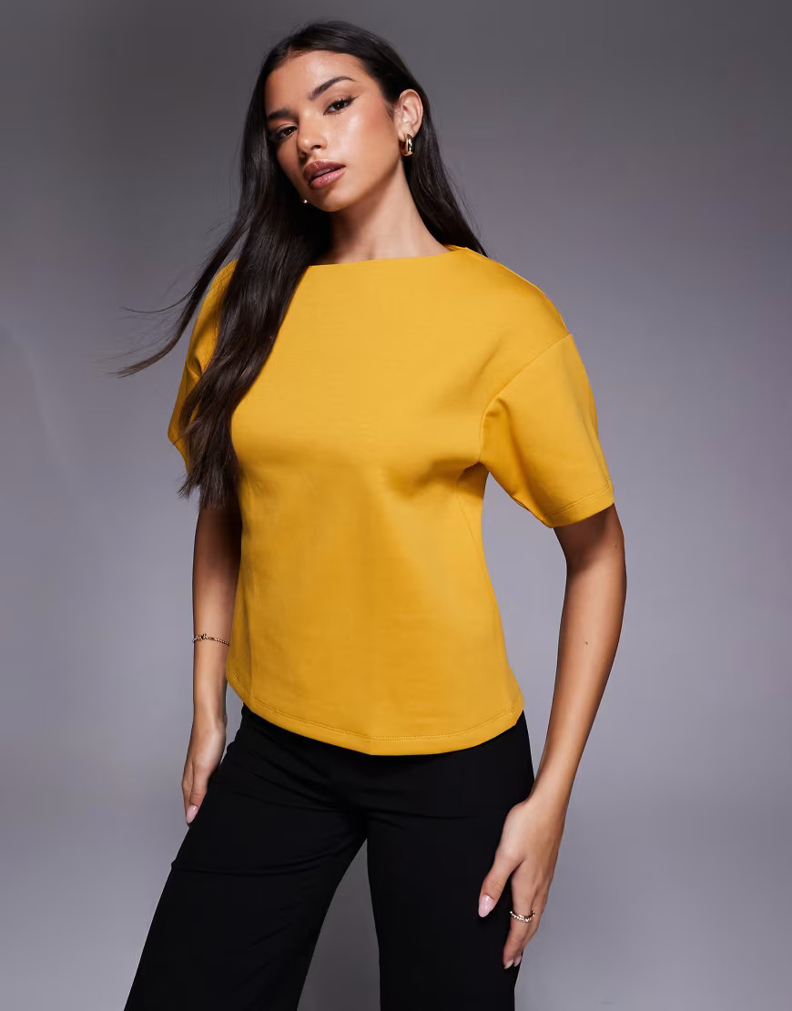 ASOS DESIGN boat neck half sleeve fitted top in ocher-Yellow | ASOS (Global)