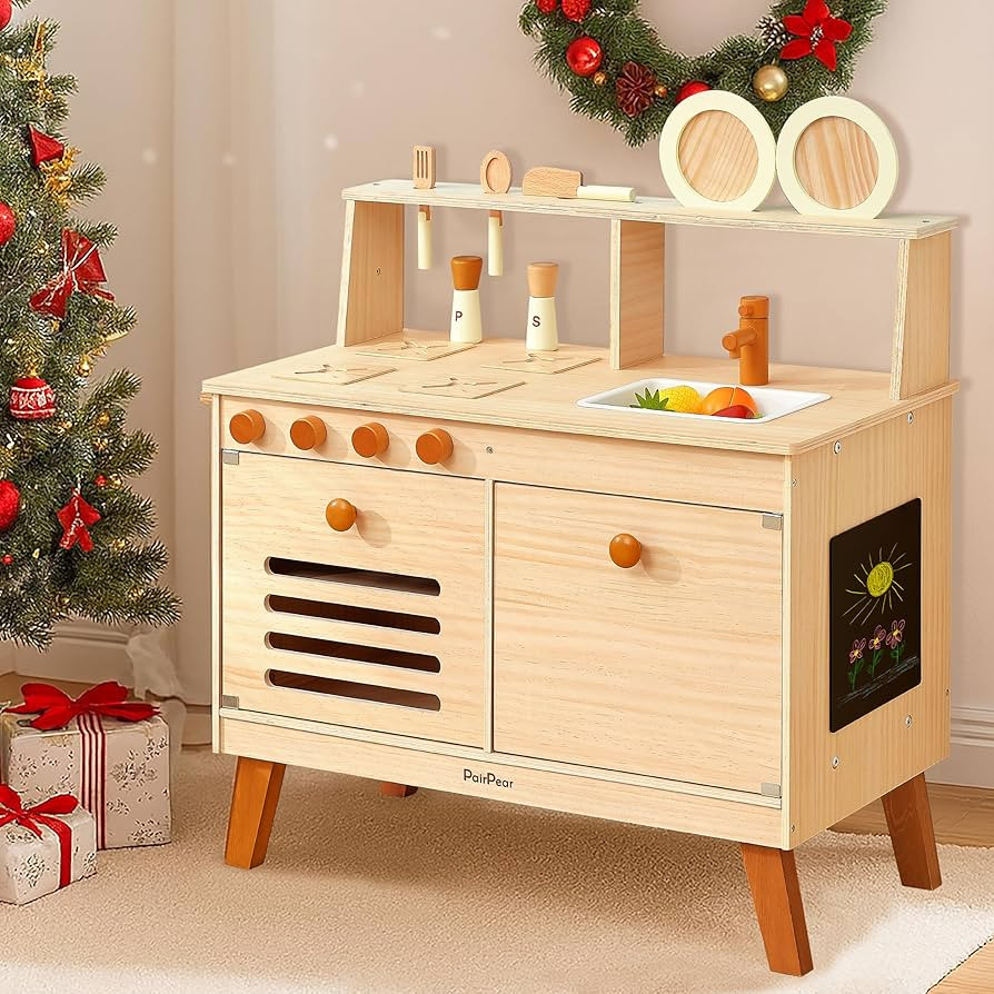PairPear Play Kitchen for Kids, Large Natural Wood Kids Play Kitchen Pretend Accessories with DIY... | Amazon (US)
