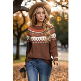 Pumpkin Delight Long Sleeves Knit Sweater in Brown | Chicwish