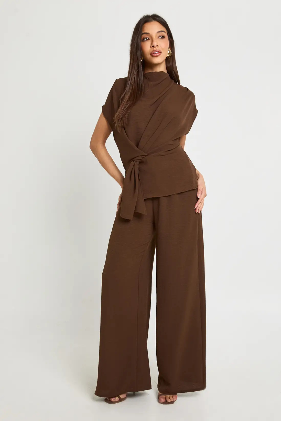 Espresso Woven Drape Blouse & Trouser Co-Ord | Boohoo | Boohoo.com (UK & IE)