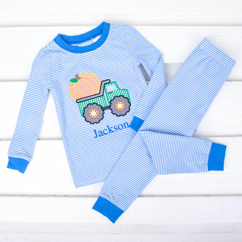 Pumpkin Truck Light Blue Stripe Pajamas | Classic Whimsy