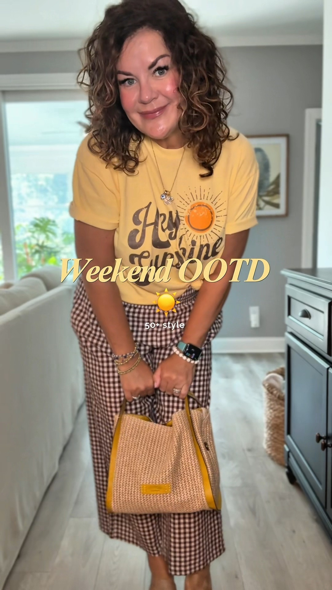 Weekend OOTD, comfy graphic tee styled with cute gingham pants. The pants come in many colors and both stripes and checks, and 2 lengths!

#LTKootd #LTKOver40 #LTKMidsize