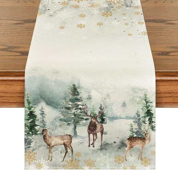 Artoid Mode Watercolor Deer Trees Snowflakes Christmas Table Runner, Seasonal Winter Xmas Holiday... | Amazon (US)