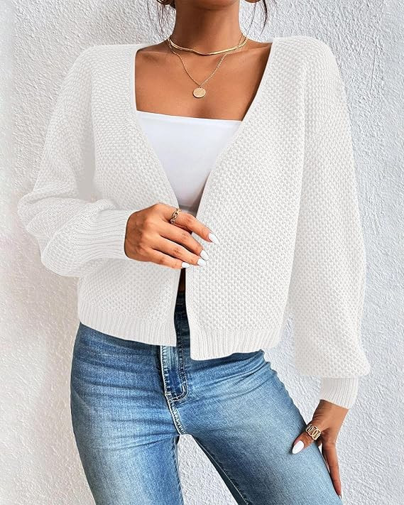Women’s Open Front Cropped Cardigan Long Sleeve V Neck Loose Chunky Knit Sweater Outwear | Amazon (US)