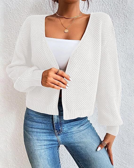 Women’s Open Front Cropped Cardigan Long Sleeve V Neck Loose Chunky Knit Sweater Outwear | Amazon (US)