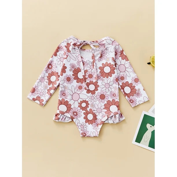 Woshilaocai Lovely Toddler Kid Girls Swimsuit Print Ruffle Trim Rashguard Swimwear Long Sleeve Ba... | Walmart (US)