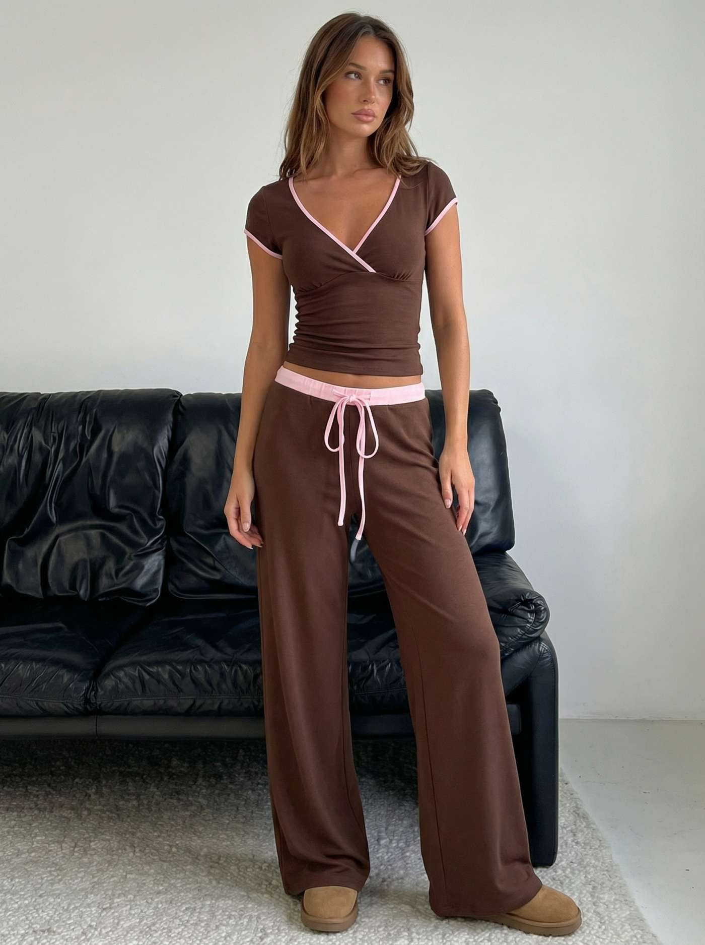Knit Fabric Cotton-blend V-neck Two Tone Top & Mid Rise Drawstring Straight Leg Trousers Set For ... | Cider