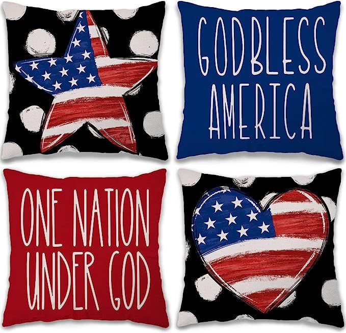 4th of July Decorations Pillow Covers 18x18 Set of 4 Polka Dot Heart America Stars and Stripes Go... | Amazon (US)