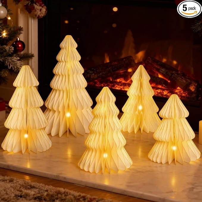 Christmas Table Decorations Indoor, 5 Pcs Large White Honeycomb Paper Christmas Trees, Vintage Li... | Amazon (US)