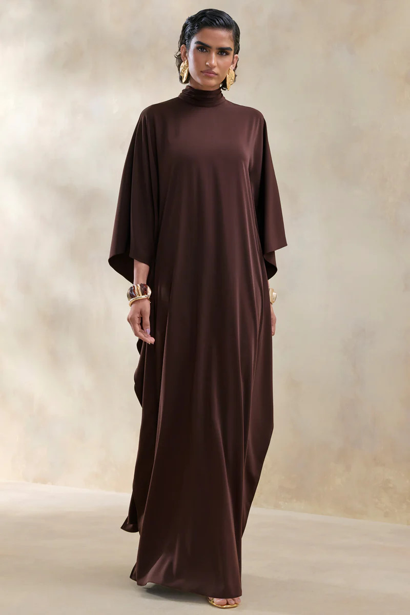 Lumisette  Brown Satin High-Neck Maxi Dress With Cape | Club L London
