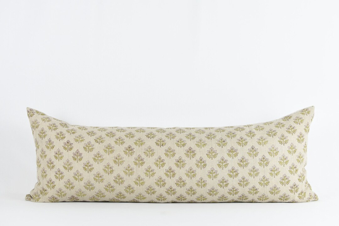Floral Block Print Linen Lumbar Pillow Cover - Long Pillow | Etsy (US)