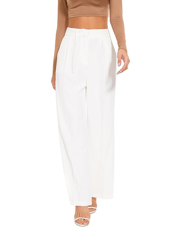 FUNYYZO Wide Leg Pants Women's High Elastic Waisted in The Back Business Work Trousers Long Strai... | Amazon (US)