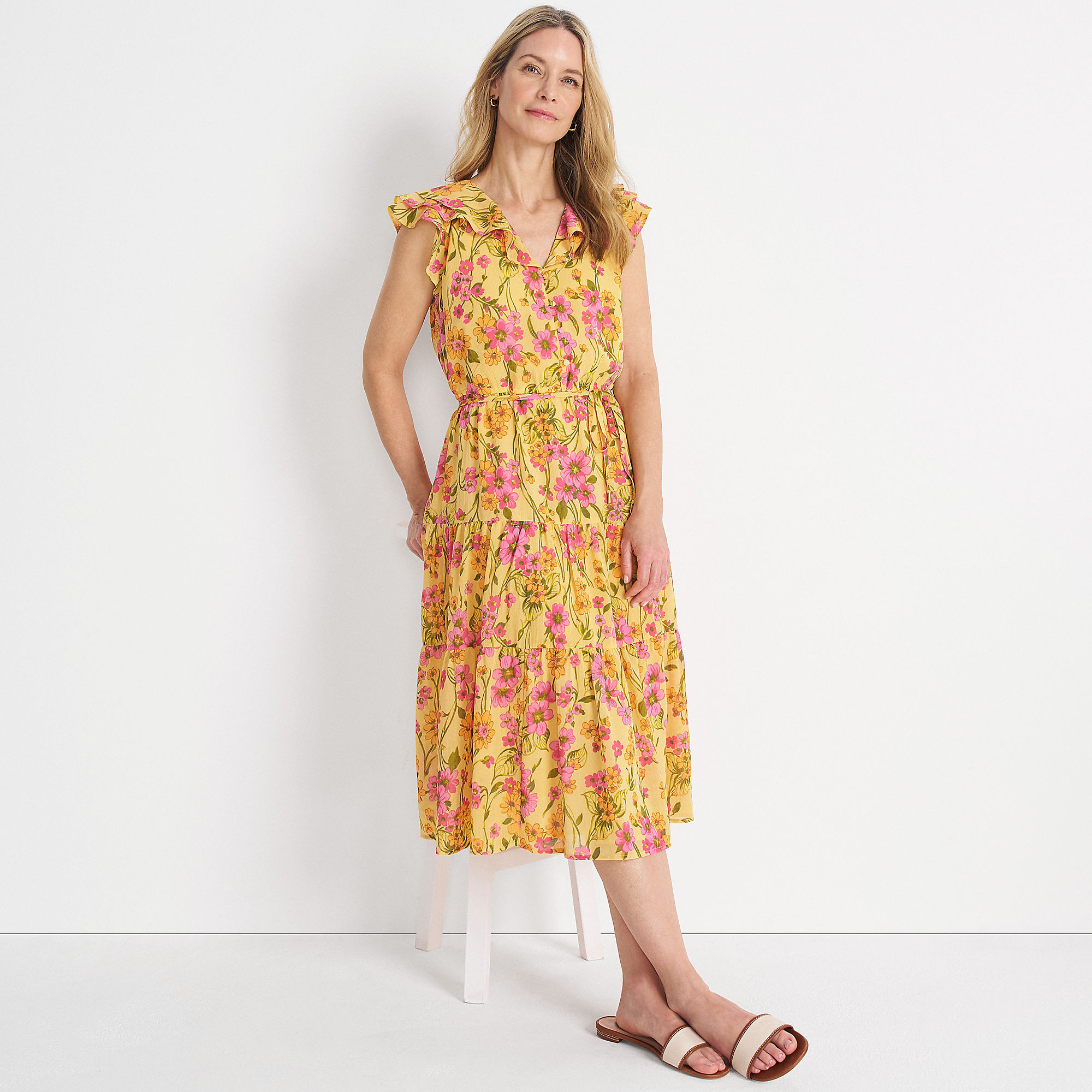 Women's Ruffle Sleeve Chiffon Tiered Midi Dress | Lands' End (US)