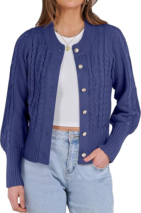 ANRABESS Women Long Sleeve Cable Knit Button Down Open Front Cropped Cardigan Sweater Coat Cute S... | Amazon (US)