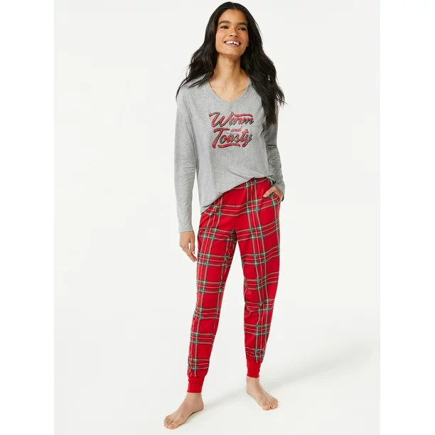 Joyspun Women's Long Sleeve Sleep Top and Jogger PJ Set, 2-Piece, Sizes up to 3X - Walmart.com | Walmart (US)