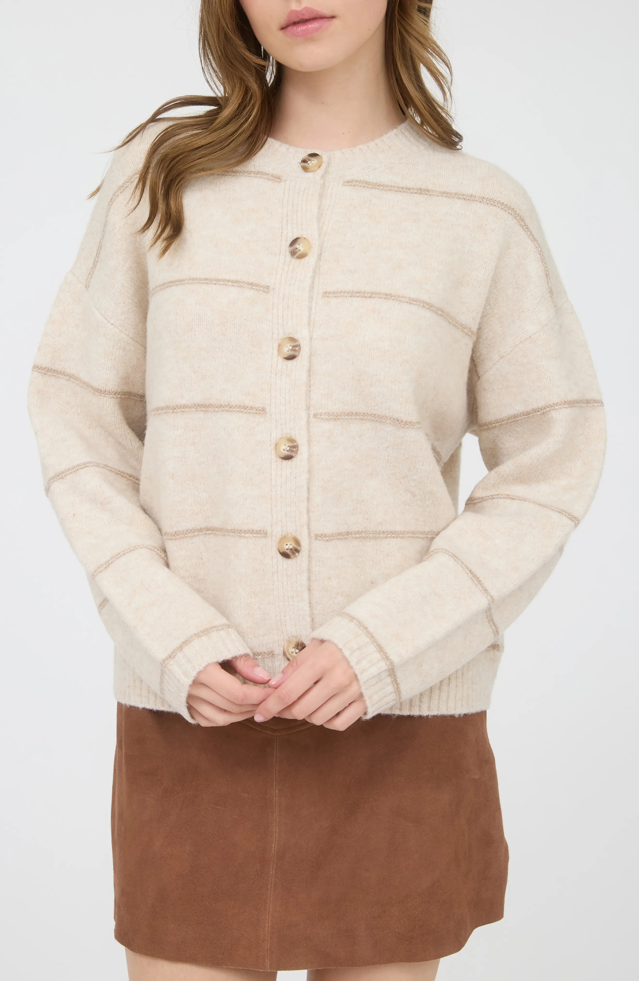 Blu Pepper Stripe Crewneck Cardigan in Oatmeal at Nordstrom Rack, Size Small | Nordstrom Rack