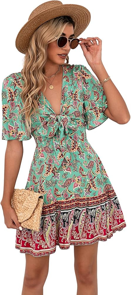 Floerns Women's Ditsy Floral Plunge Neck Knot Front A Line Short Dress | Amazon (US)