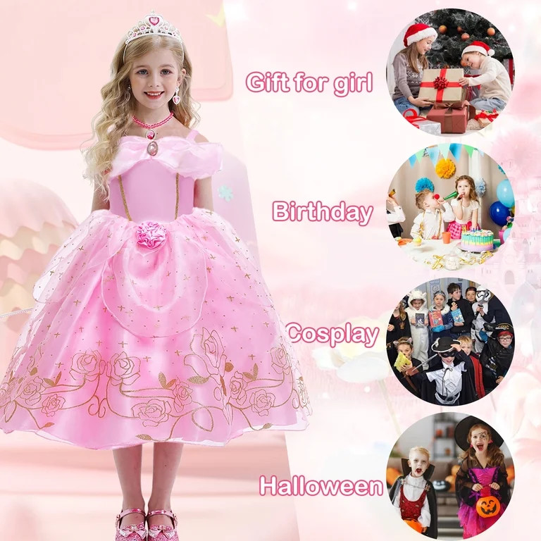 Benylion Girls Pink Princess Costumes for Halloween Party Fancy Dress up with Accessories for 4-5... | Walmart (US)