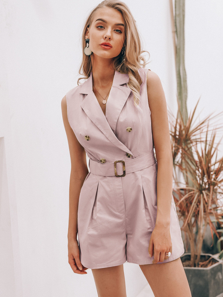 Simplee Notch Collar Buckle Belted Pleated Romper | SHEIN