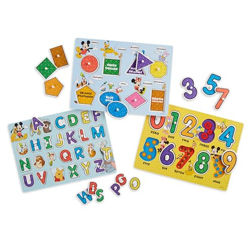 Melissa & Doug Disney Wooden Peg Puzzles Set: Letters, Numbers, and Shapes and Colors - Letters And Number Puzzles, Disney Puzzles, Wooden Puzzles For Toddlers And Kids Ages 3+, Multicolor | Amazon (US)