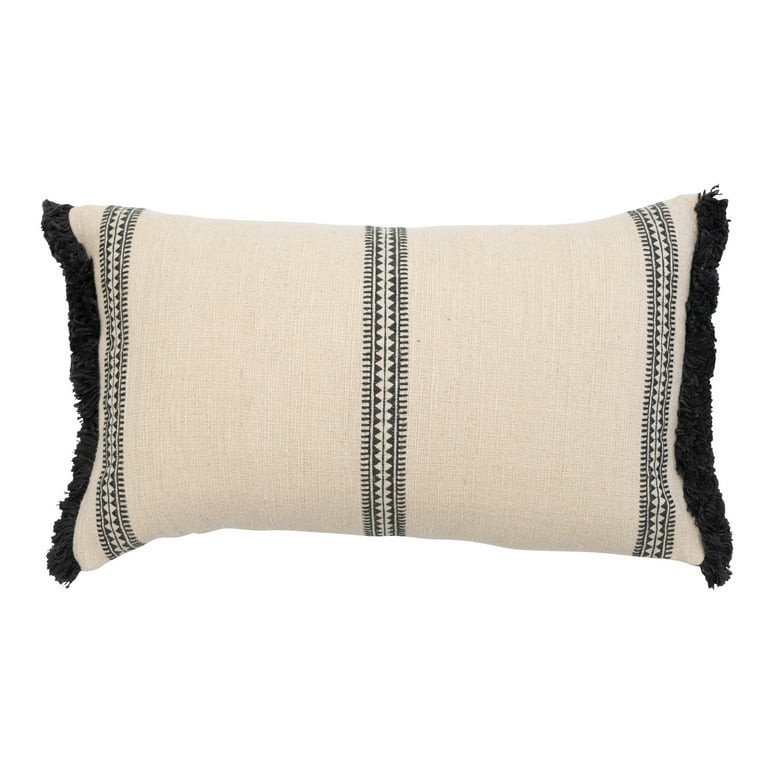 Bloomingville Cotton Slub Lumbar Pillow with Embroidered Stripes and Fringe, Black and Natural | Walmart (US)