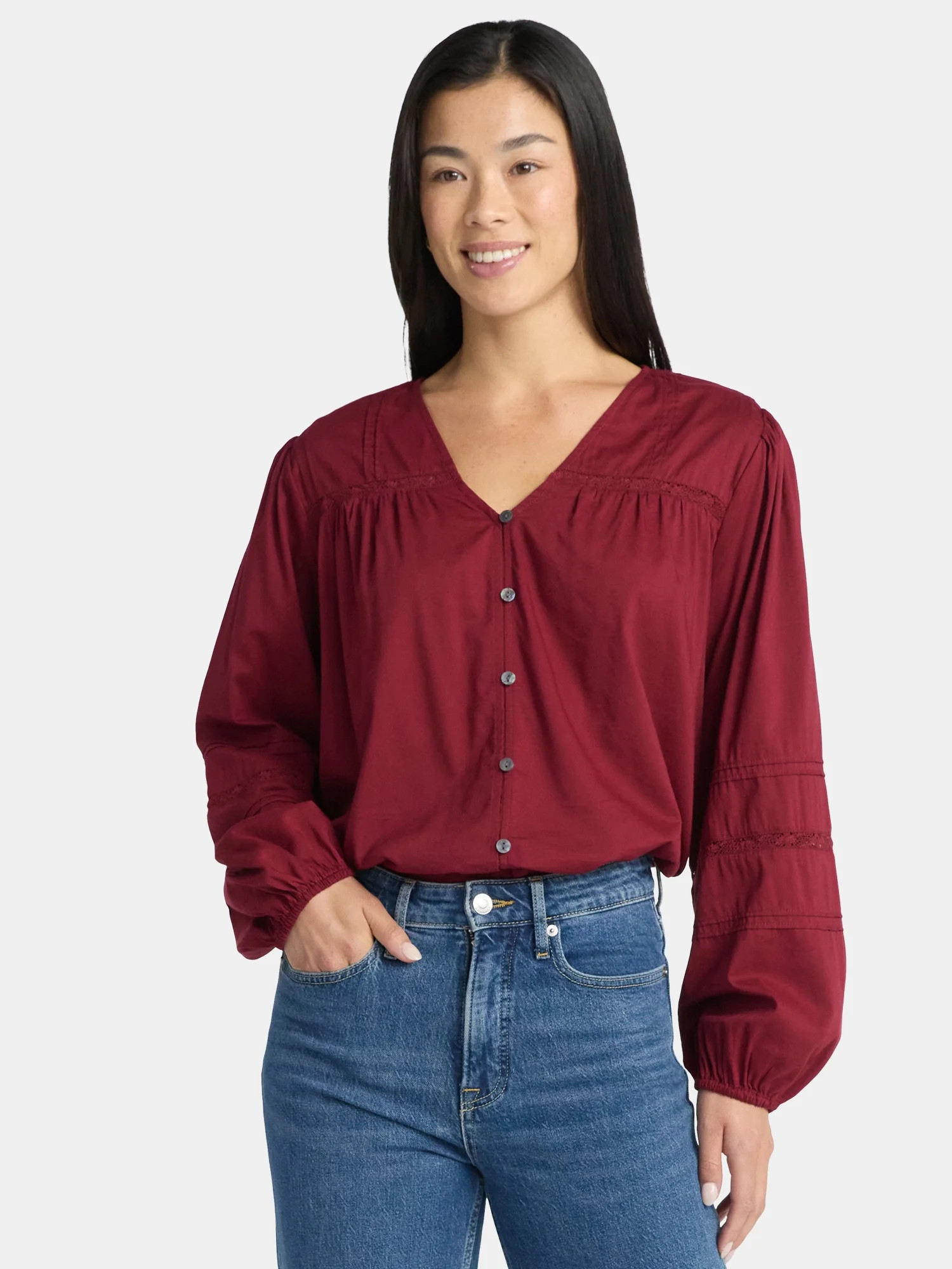 Time and Tru Women's Lace Inset Blouse with Long Sleeves, Sizes XS-XXXL | Walmart (US)