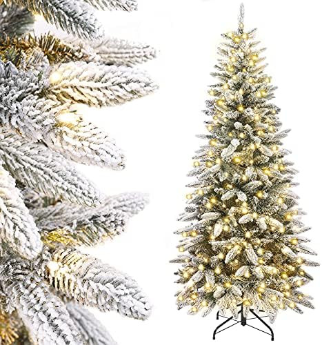 Amazon.com: Decoway 6FT Pre-Lit Artificial Pencil Christmas Tree with Flocked Snow Pre-Strung Lig... | Amazon (US)