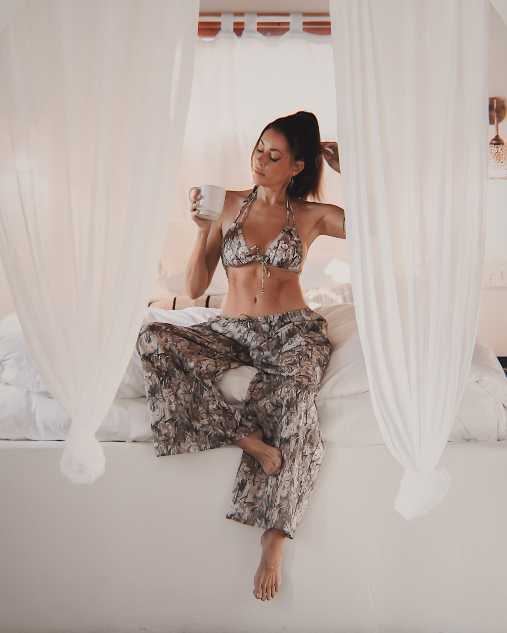 Poolside ready…but first, coffee. Love this neutral print bikini and matching pants. Perfect for lounging poolside or bedside. Wearing size small. Other top styles available  

#LTKmorningroutine #LTKCyberWeek #LTKfitnessgoals