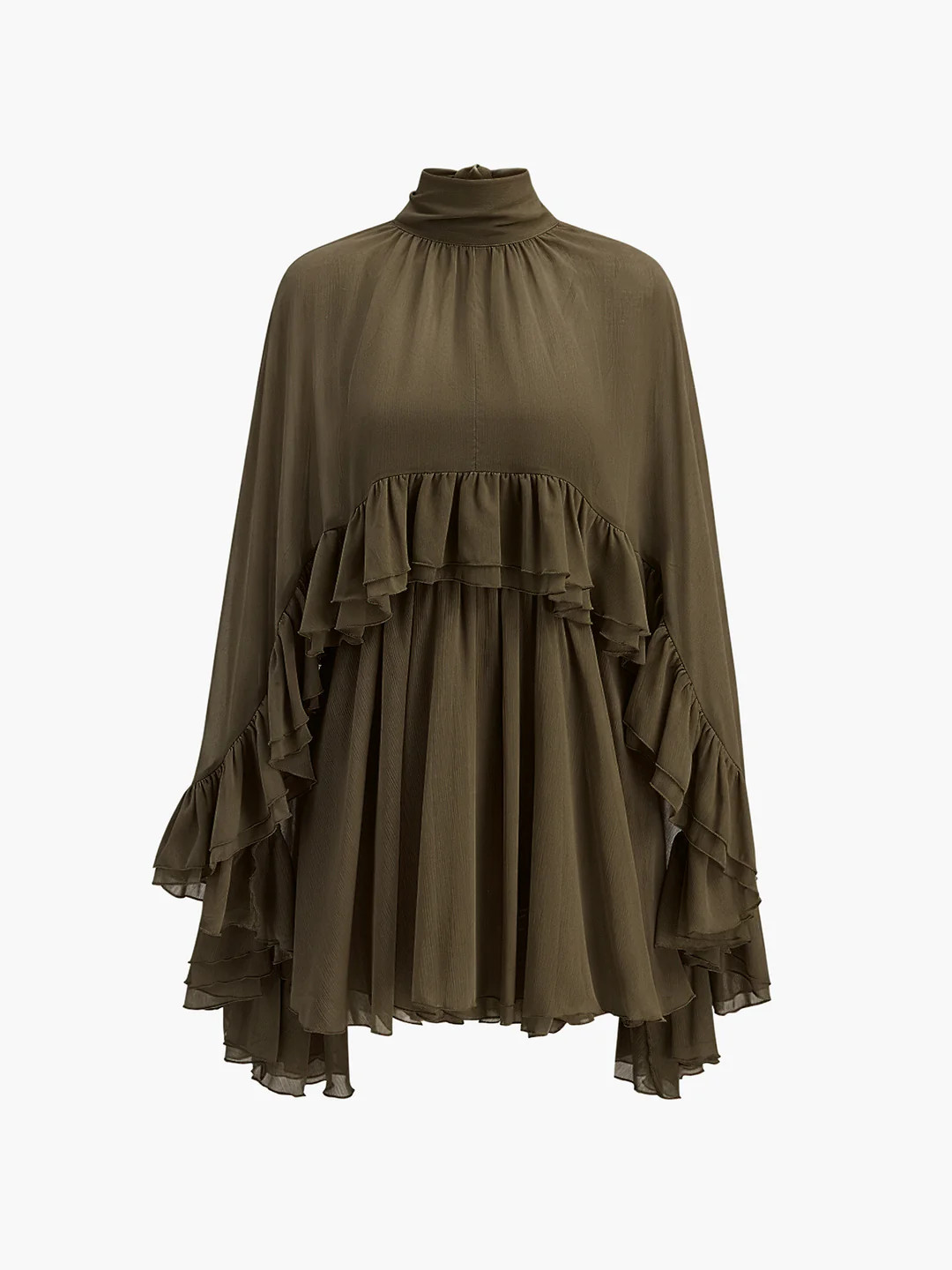Semi-Sheer Chiffon Ruffle Dress With Outer Cape | Commense