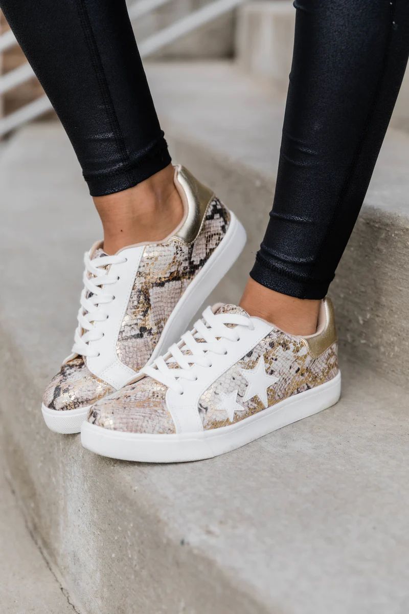 Kendra Snakeskin Star Sneakers Gold | The Pink Lily Boutique