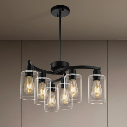 Syltherra 6 Light Modern Farmhouse Chandelier，Black Dining Room Light Fixture，Kitchen Pendant Lights Over Island with Glass Shade | Amazon (US)