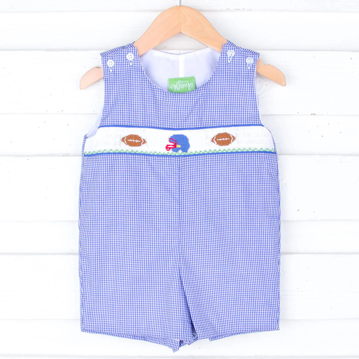 Football Smocked Royal Blue Gingham Jon Jon | Classic Whimsy