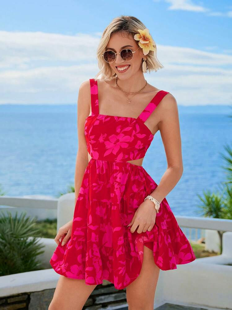 Vivid Eden Women's Summer Vacation Style Floral Print Halter Neck Cutout Waist Sun Dress,Red Women Dresses | SHEIN