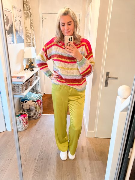 Outfits of the week 

Mustard green satin trousers paired with a colorful, striped, coarse knitted sweater and white Nike sneakers. 



#LTKsalealert #LTKeurope #LTKstyletip