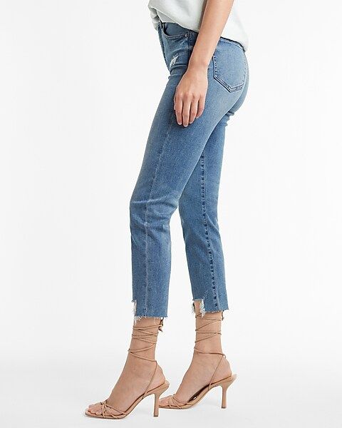 Super High Waisted Ripped Raw Step Hem Supersoft Mom Jeans | Express