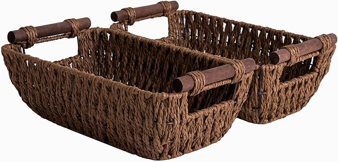 StorageWorks Handwoven Small Wicker Baskets, Round Paper Rope Storage Baskets with Wooden Handles... | Amazon (US)