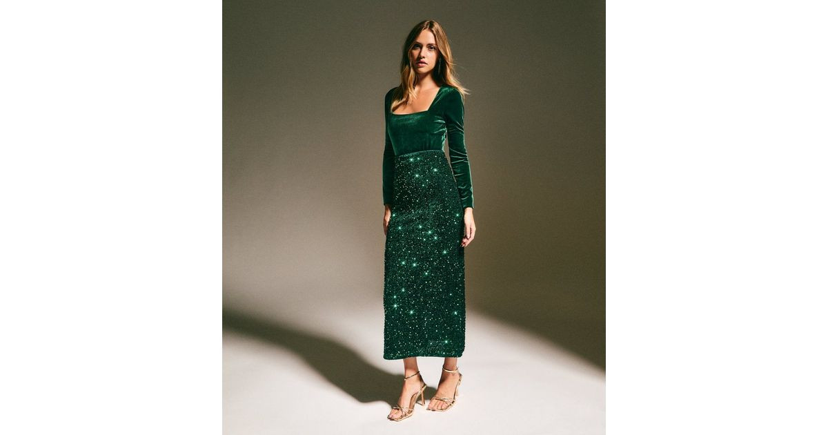 Dark Green Velvet Sequin Embellished Midi Skirt | New Look | New Look (UK)