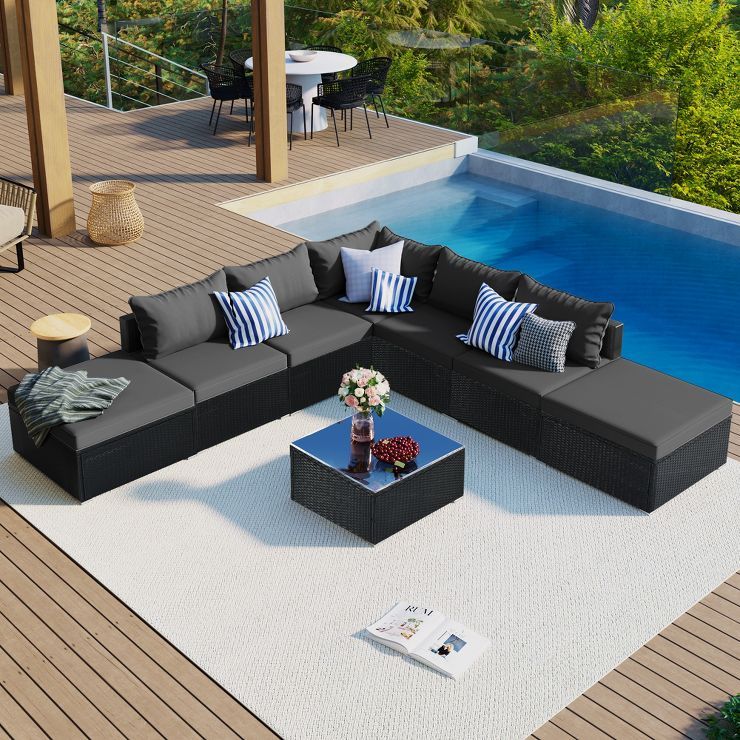 8PCS Patio PE Rattan Conversation Set, Outdoor Wicker Sectional Sofa with Table and Cushions-Mode... | Target